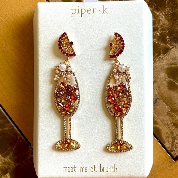 Brand New Piper K “Meet me at Brunch” Cocktail Crystal Rhinestone Drop Earrings - Picture 1 of 12